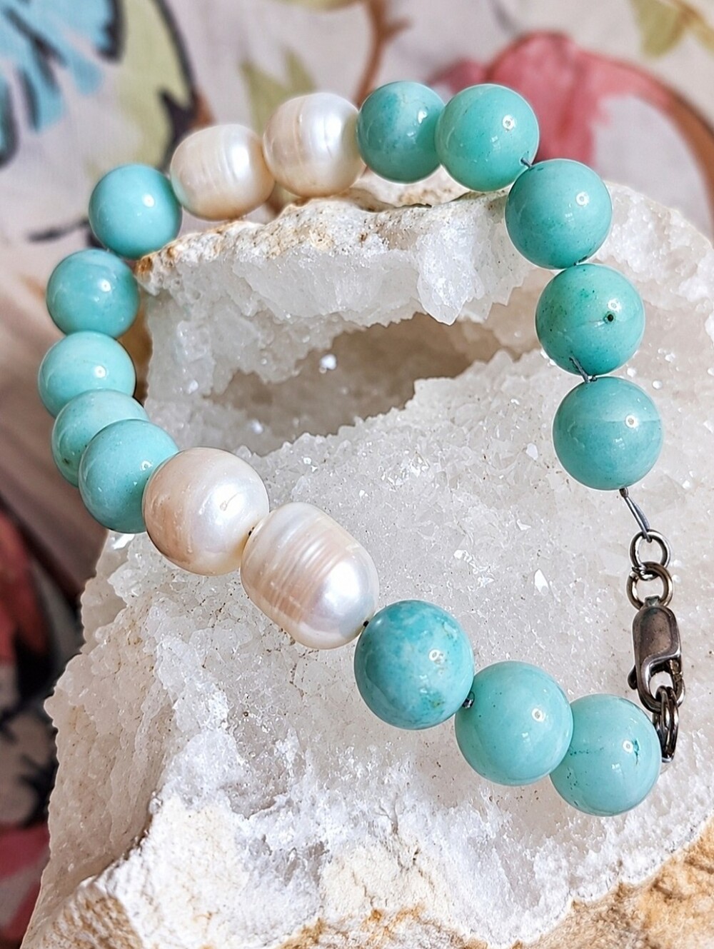 Amazonite Stone Beads Beaded Potato Pearls Sterling Clasp Wired Artisan Bracelet